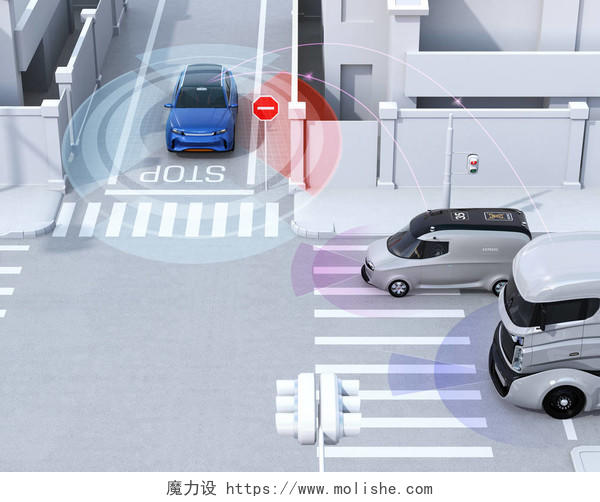 蓝色的车在单行道上检测到车辆的盲点科技互联网汽车